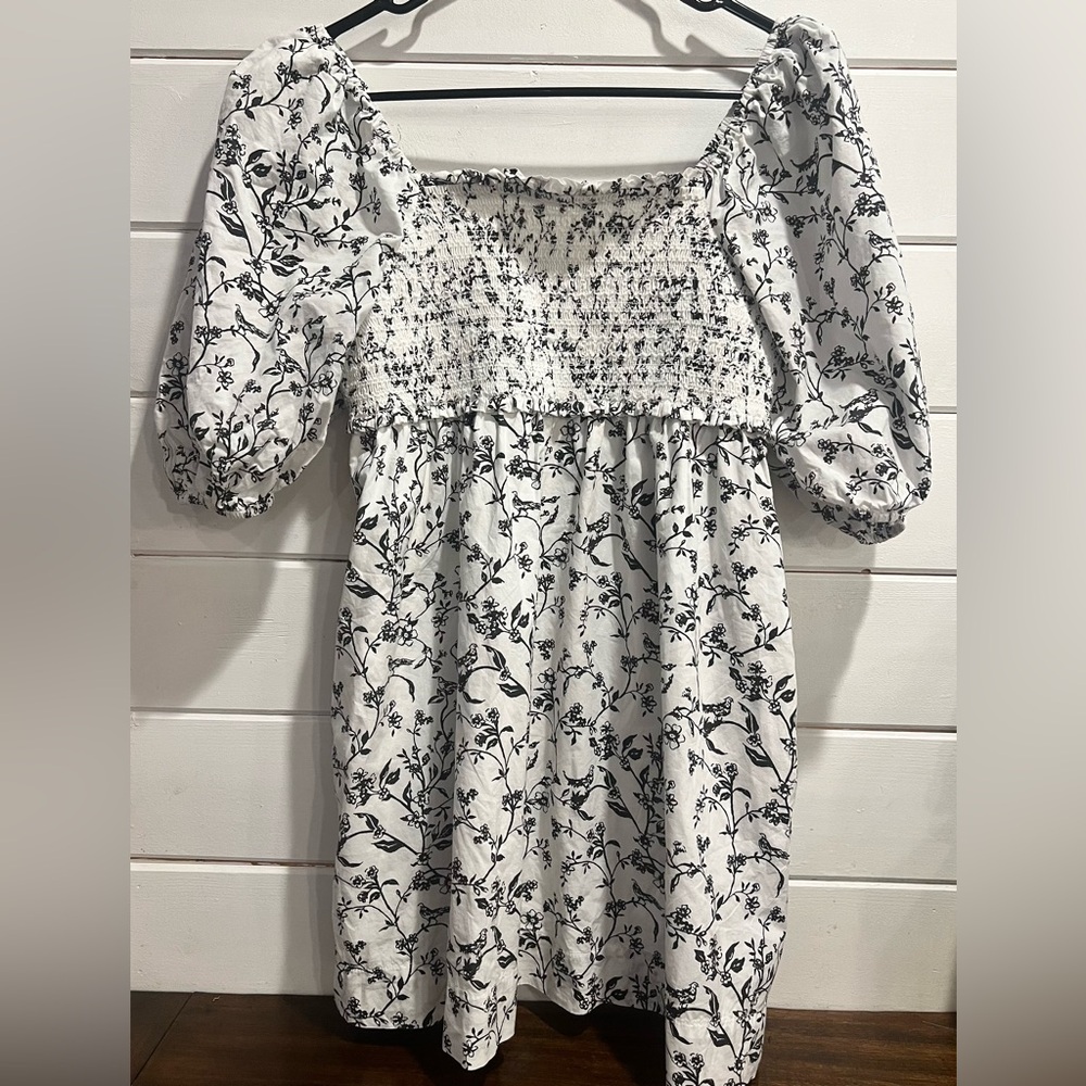 Bird Floral Babydoll Puffedsleeve Mini Smocked Dress Women Girlhoodcore Coquette - Picture 4 of 16